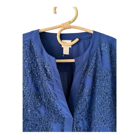 Chicos Cobalt Blue Split Neck Sequin Front Sheer Layered Occassion Blouse - Picture 6 of 13